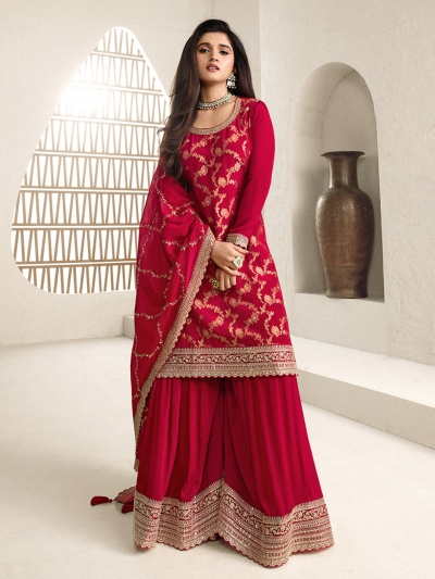 Jacquard chinon sharara suit in Red colour 66216